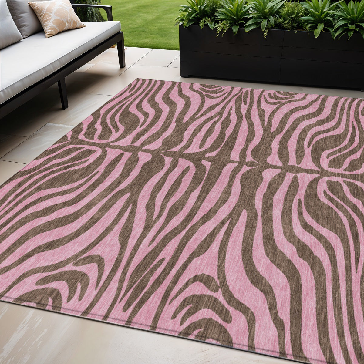 5 X 8 Brown And Pink Animal Print Washable Indoor Outdoor Area Rug