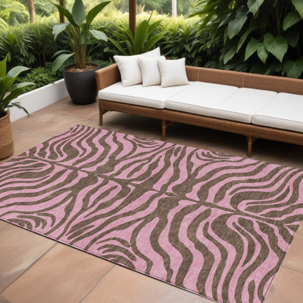 8 X 10 Brown And Pink Animal Print Washable Indoor Outdoor Area Rug