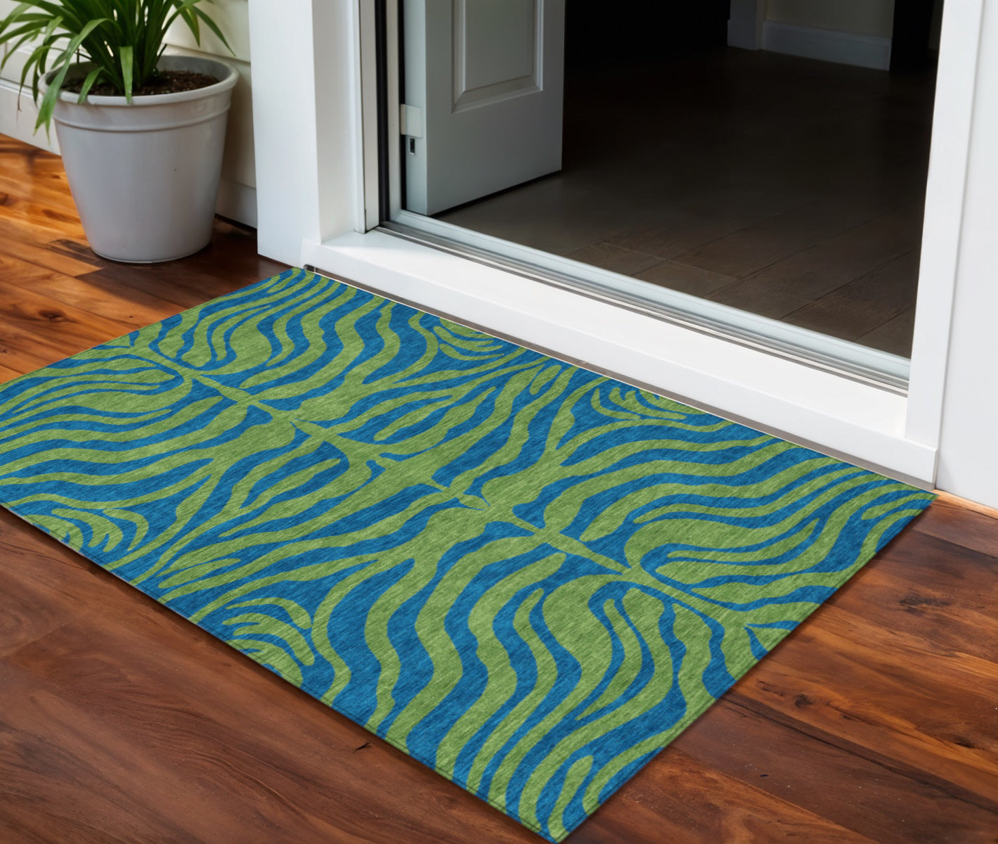 3 X 5 Green And Teal Blue Animal Print Washable Indoor Outdoor Area Rug
