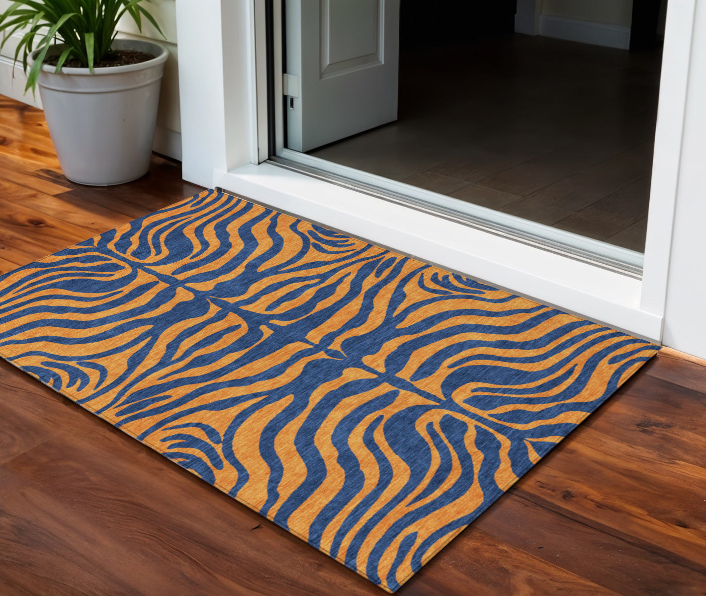 3 X 5 Navy Blue And Pink Animal Print Washable Indoor Outdoor Area Rug