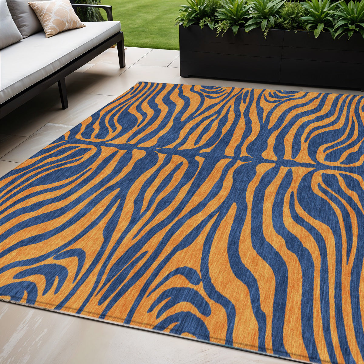 5 X 8 Navy Blue And Pink Animal Print Washable Indoor Outdoor Area Rug