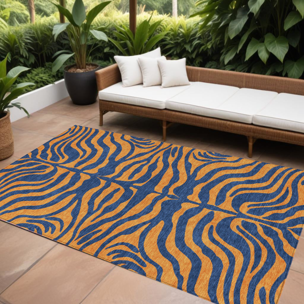10 X 14 Navy Blue And Pink Animal Print Washable Indoor Outdoor Area Rug