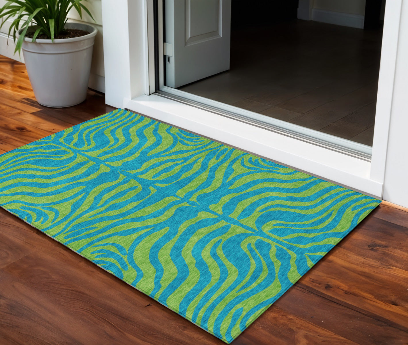3 X 5 Teal Blue And Green Animal Print Washable Indoor Outdoor Area Rug