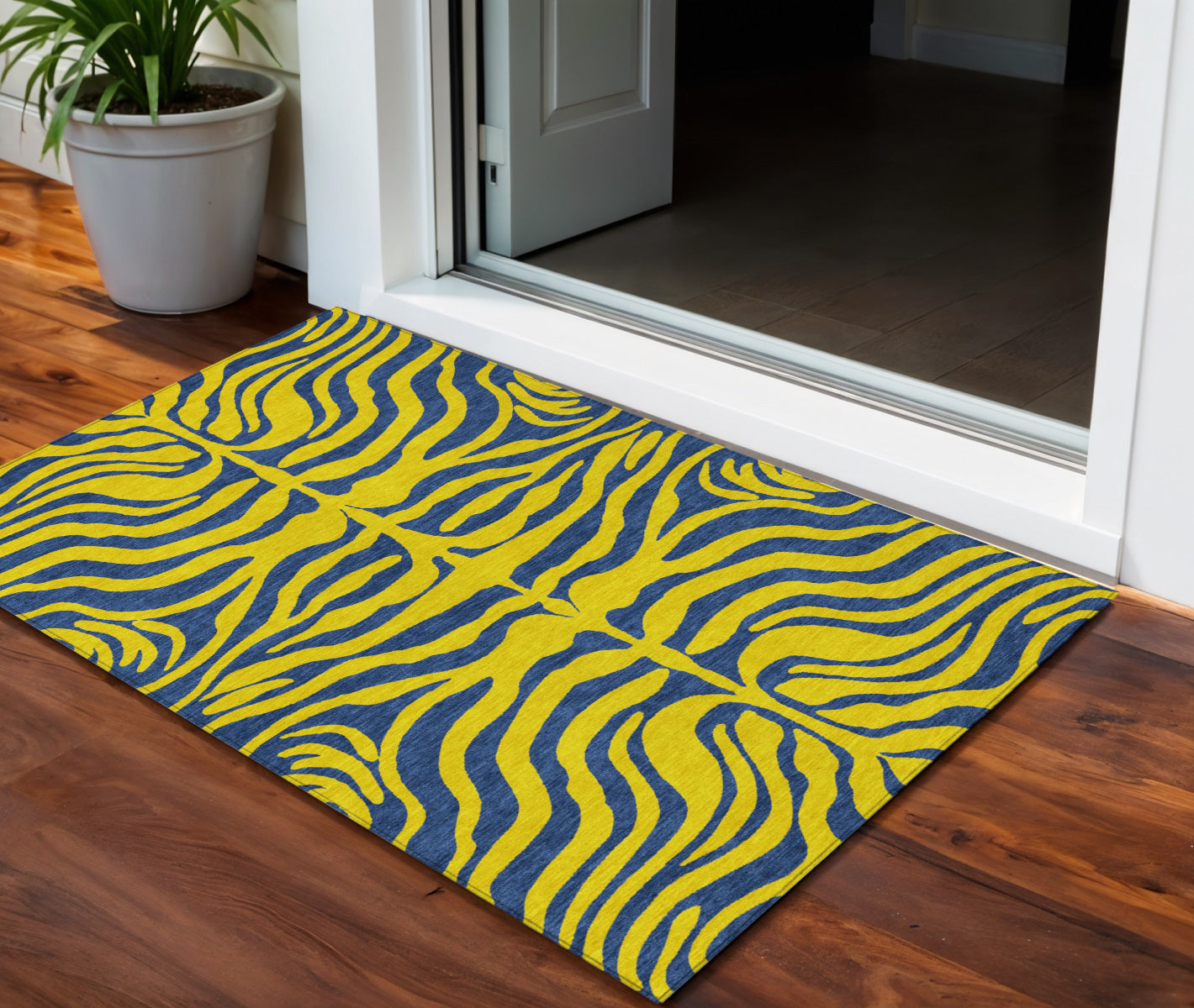 3 X 5 Yellow And Blue Animal Print Washable Indoor Outdoor Area Rug