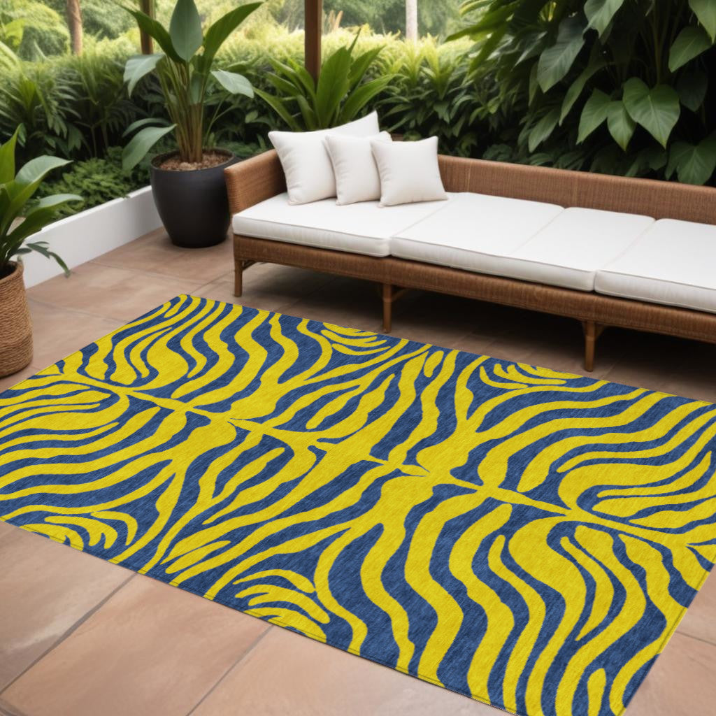 10 X 14 Yellow And Blue Animal Print Washable Indoor Outdoor Area Rug