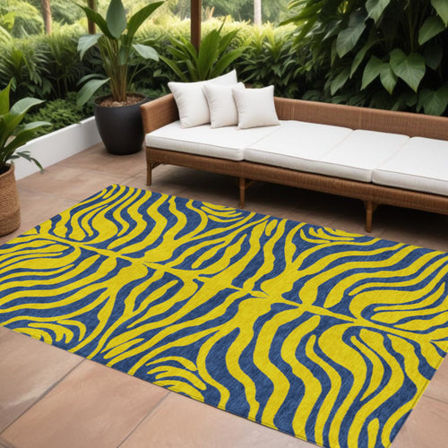 10 X 14 Yellow And Blue Animal Print Washable Indoor Outdoor Area Rug