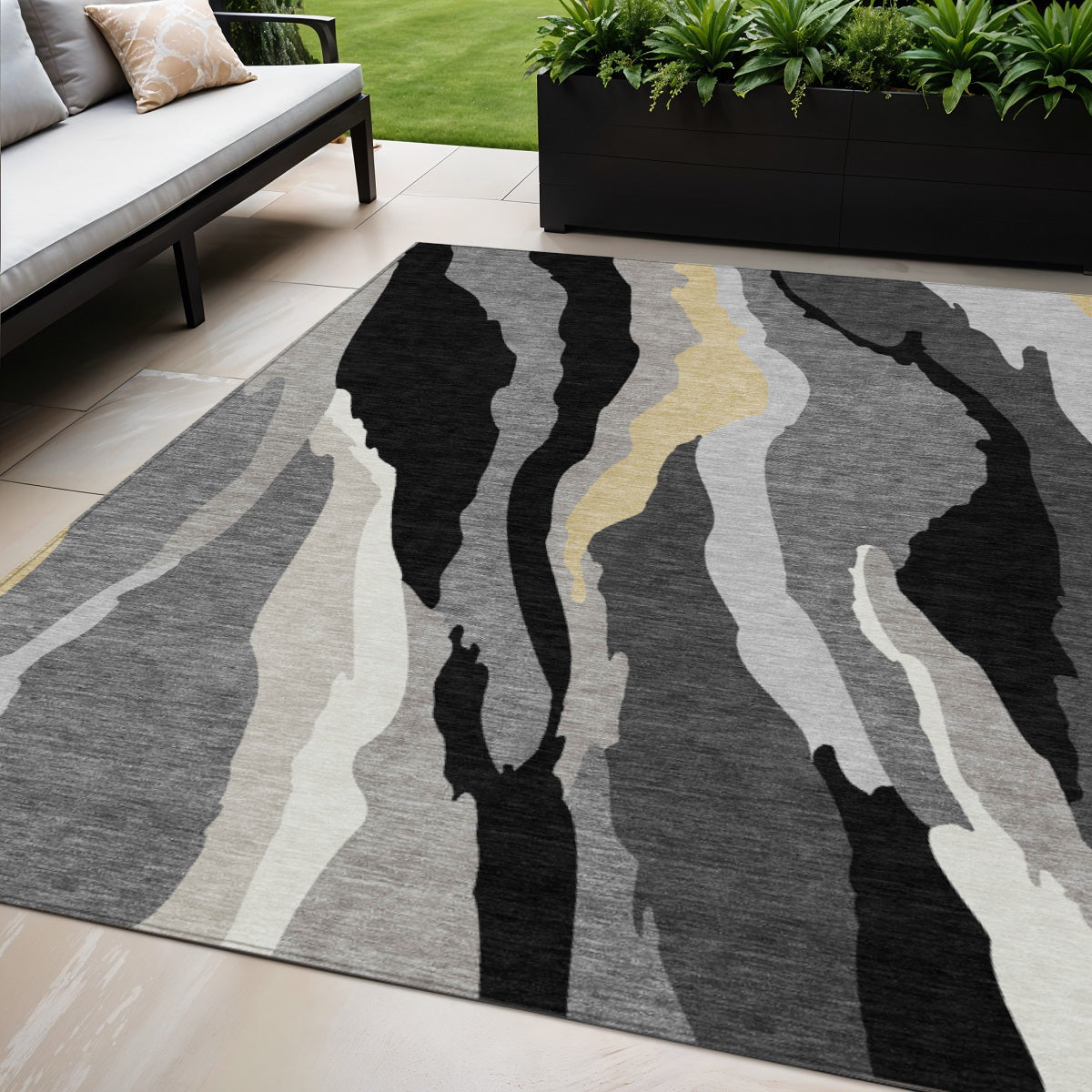 5 X 8 Black Gray And Tan Abstract Washable Indoor Outdoor Area Rug
