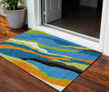 3 X 5 Denim Blue Copper And Green Abstract Washable Indoor Outdoor Area Rug