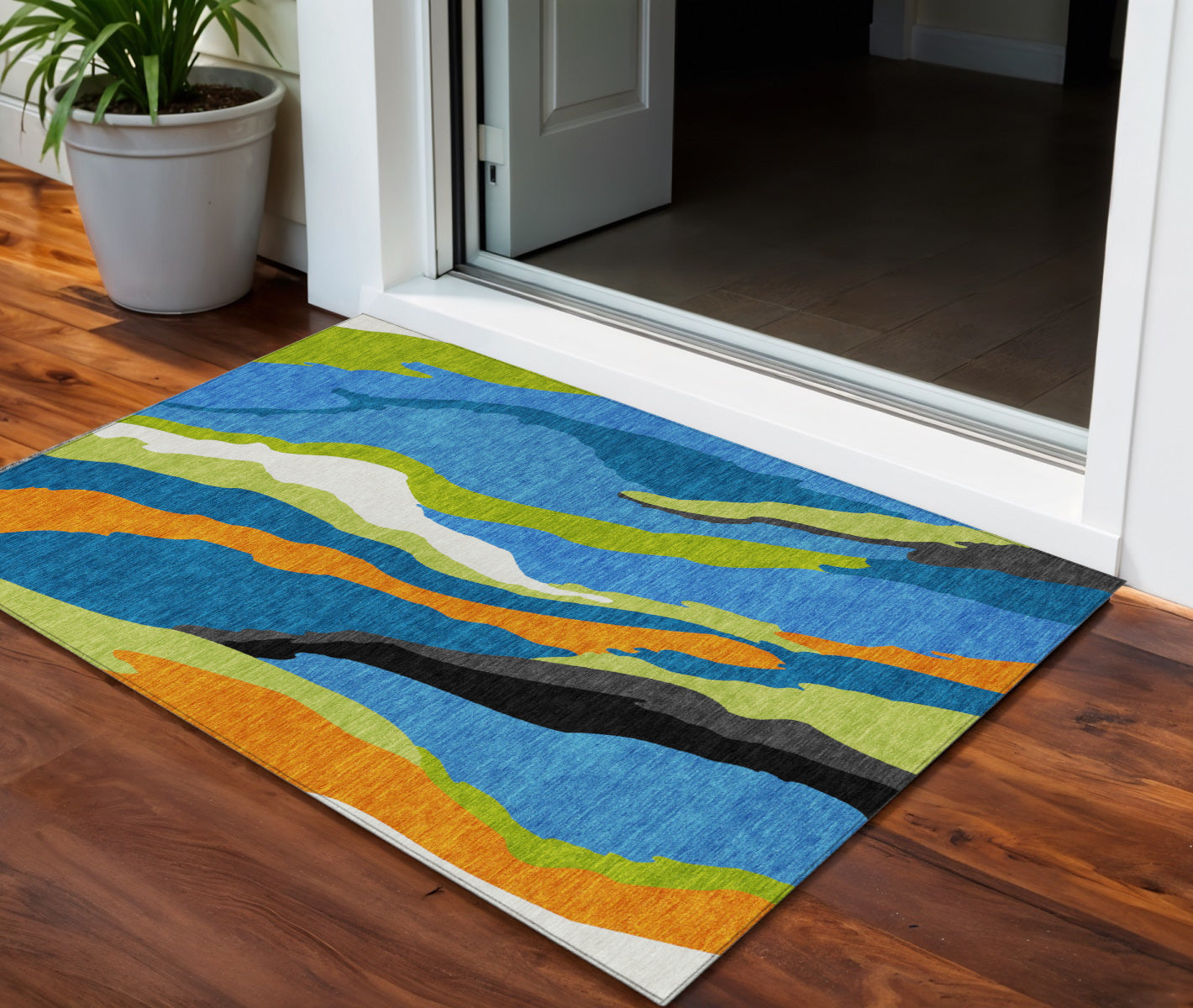 3 X 5 Denim Blue Copper And Green Abstract Washable Indoor Outdoor Area Rug