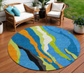 8 Denim Blue Copper And Green Round Abstract Washable Indoor Outdoor Area Rug