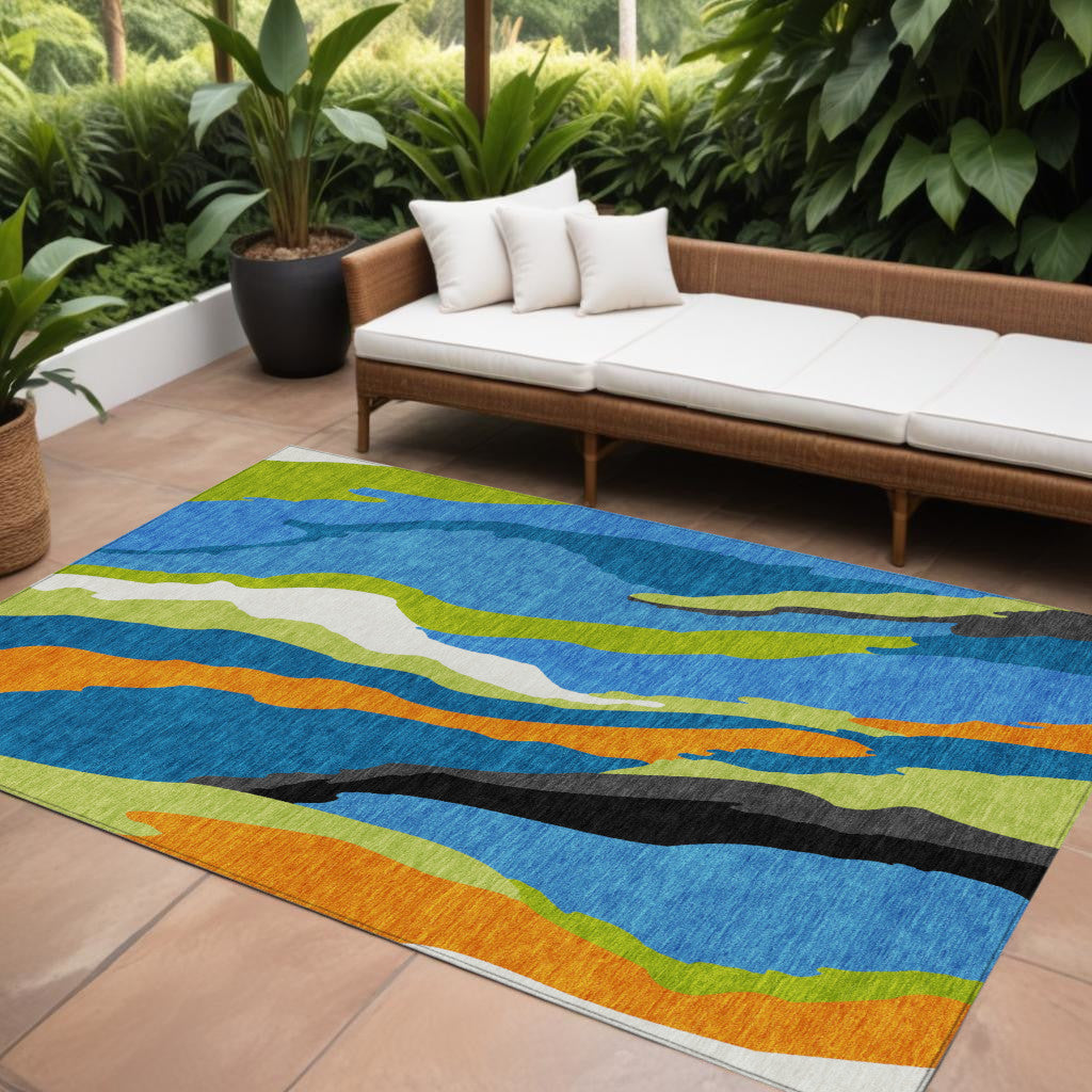 9 X 12 Denim Blue Copper And Green Abstract Washable Indoor Outdoor Area Rug