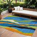 10 X 14 Denim Blue Copper And Green Abstract Washable Indoor Outdoor Area Rug
