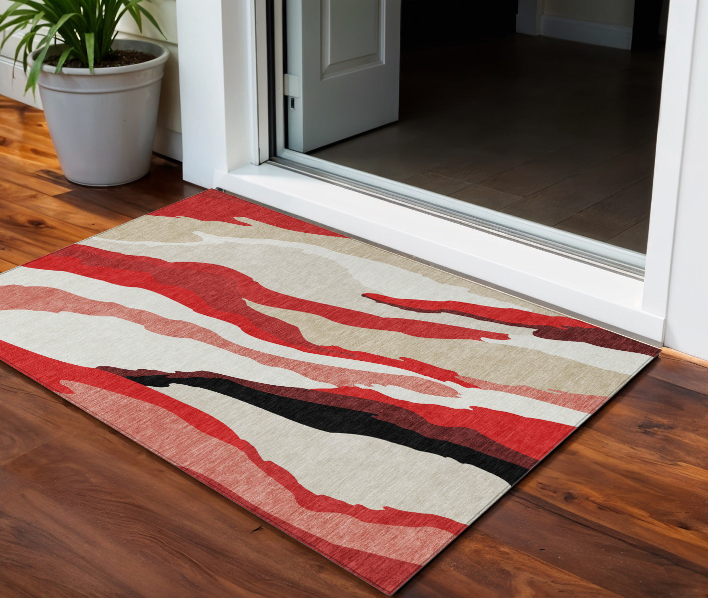 3 X 5 Red Black And Beige Abstract Washable Indoor Outdoor Area Rug