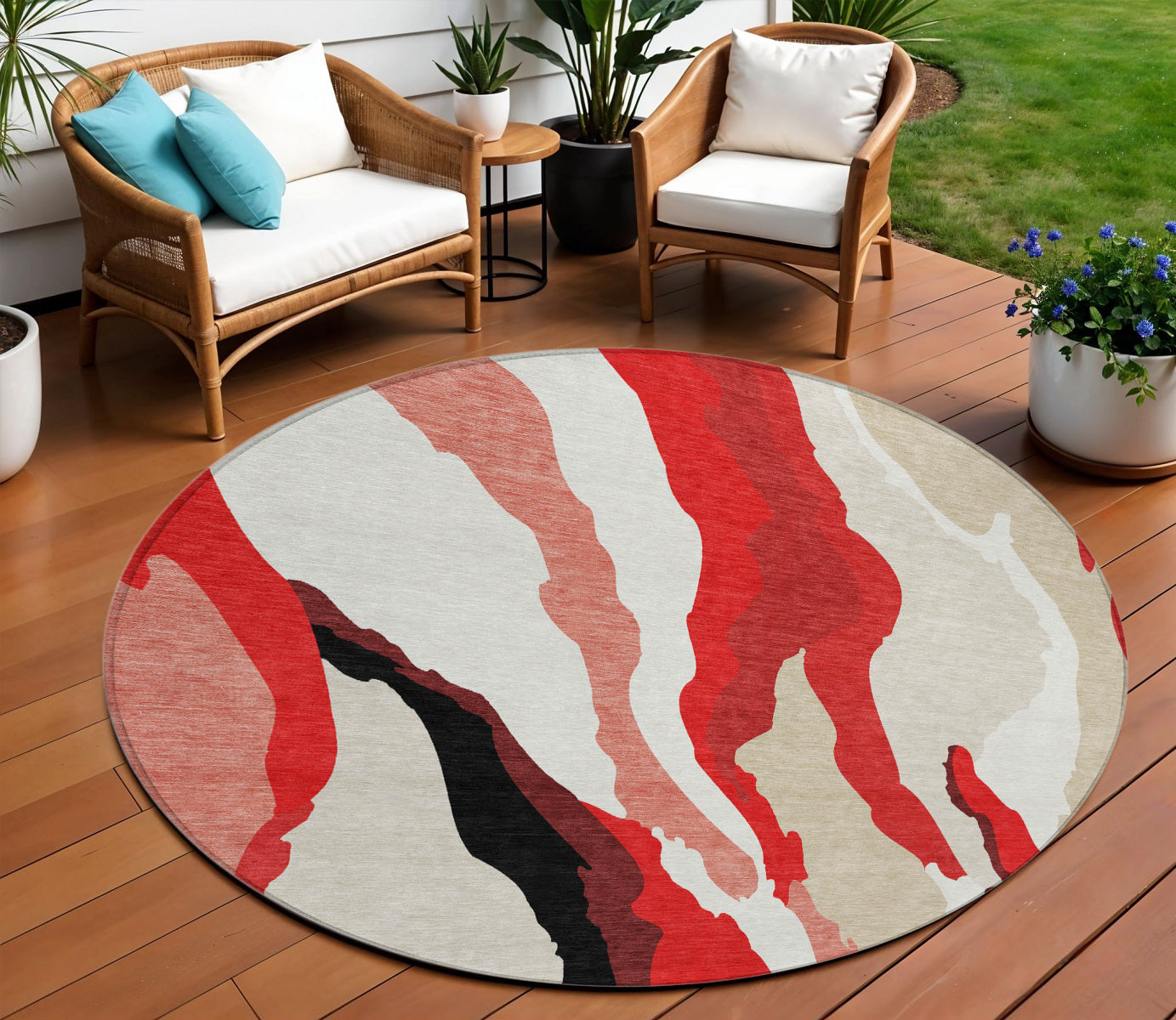 8 Red Black And Beige Round Abstract Washable Indoor Outdoor Area Rug