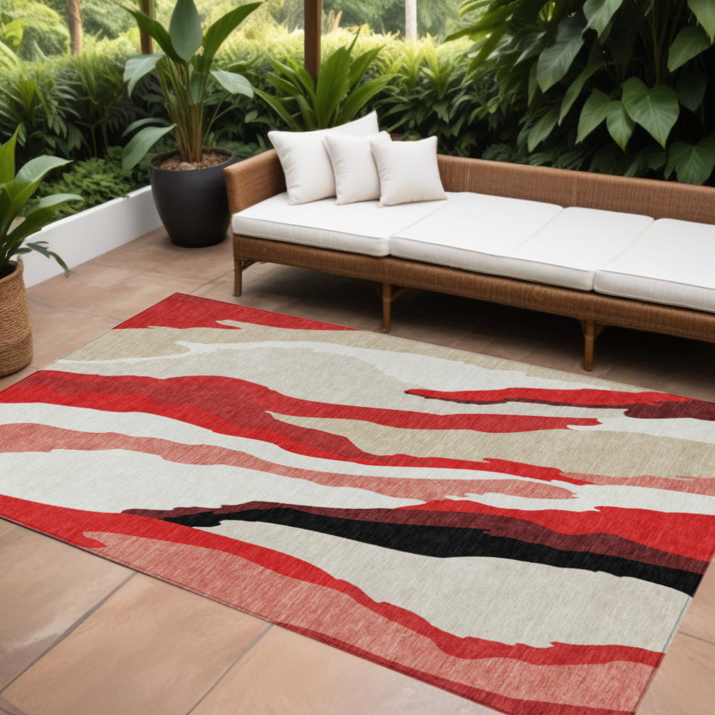 9 X 12 Red Black And Beige Abstract Washable Indoor Outdoor Area Rug