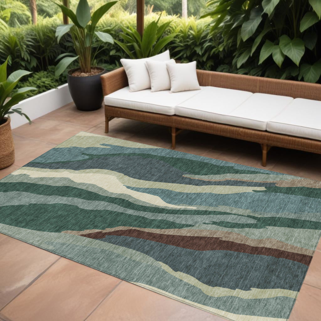 10 X 14 Sage Brown And Beige Abstract Washable Indoor Outdoor Area Rug