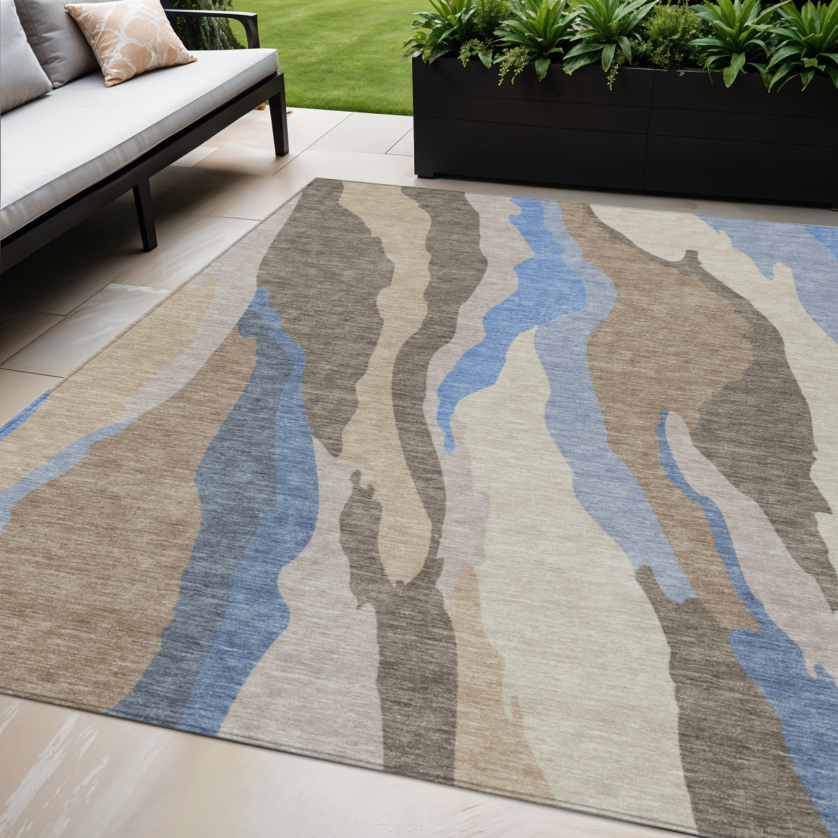 5 X 8 Taupe Tan And Blue Abstract Washable Indoor Outdoor Area Rug