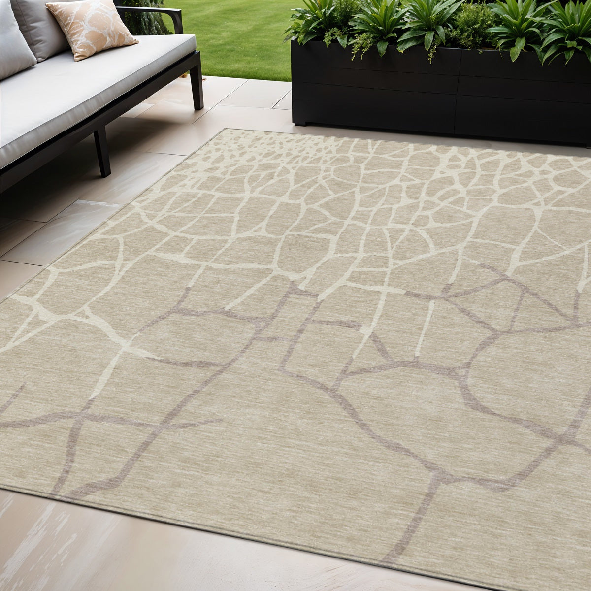 5 X 8 Beige And Tan Abstract Washable Indoor Outdoor Area Rug