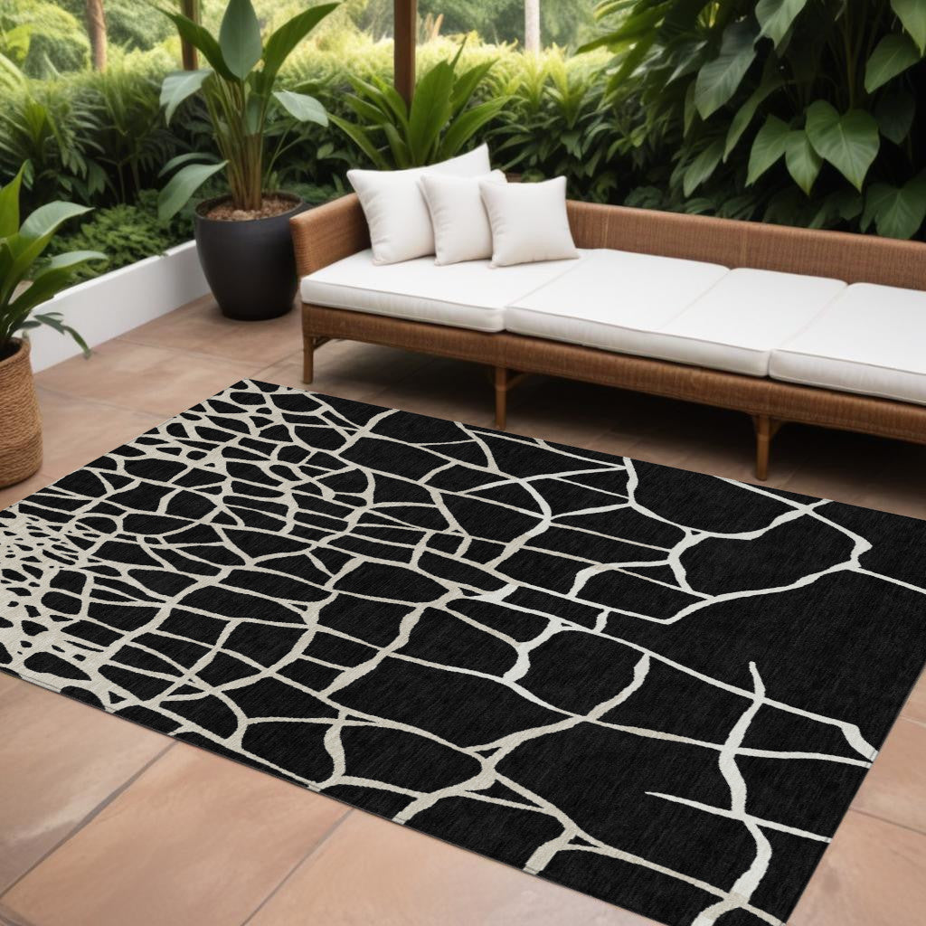 9 X 12 Black And Beige Abstract Washable Indoor Outdoor Area Rug