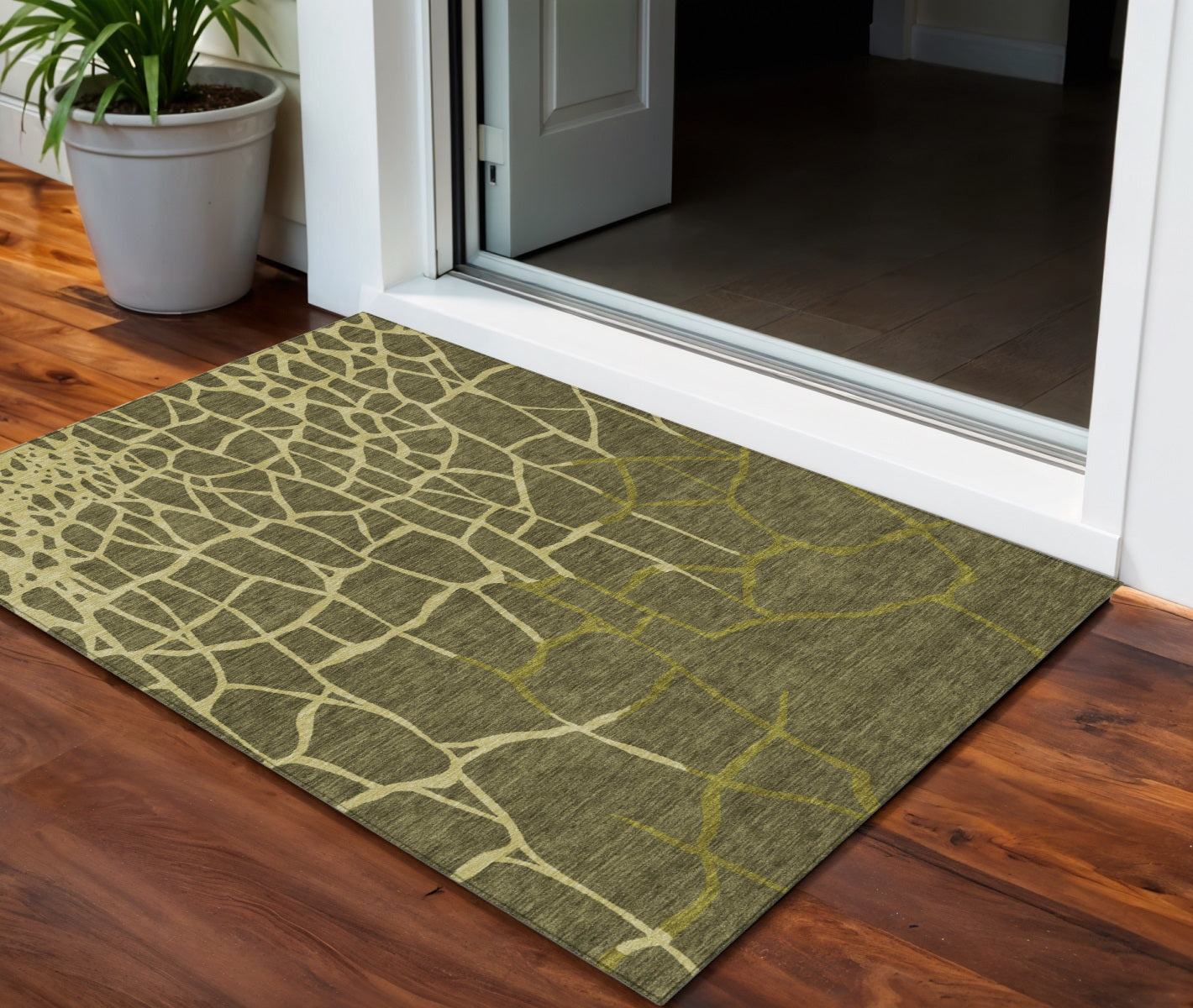 3 X 5 Olive Green And Dark Green Abstract Washable Indoor Outdoor Area Rug