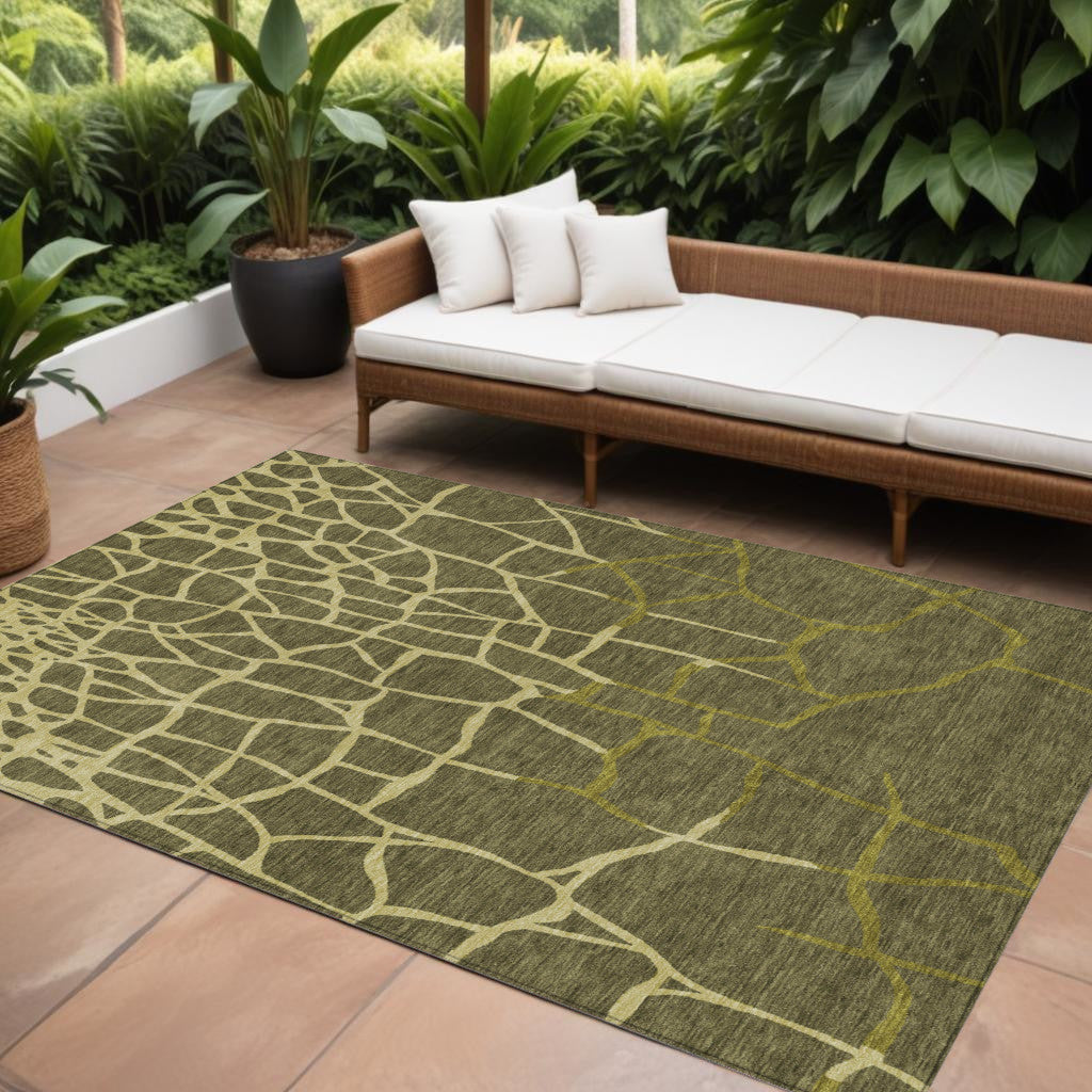 10 X 14 Olive Green And Dark Green Abstract Washable Indoor Outdoor Area Rug