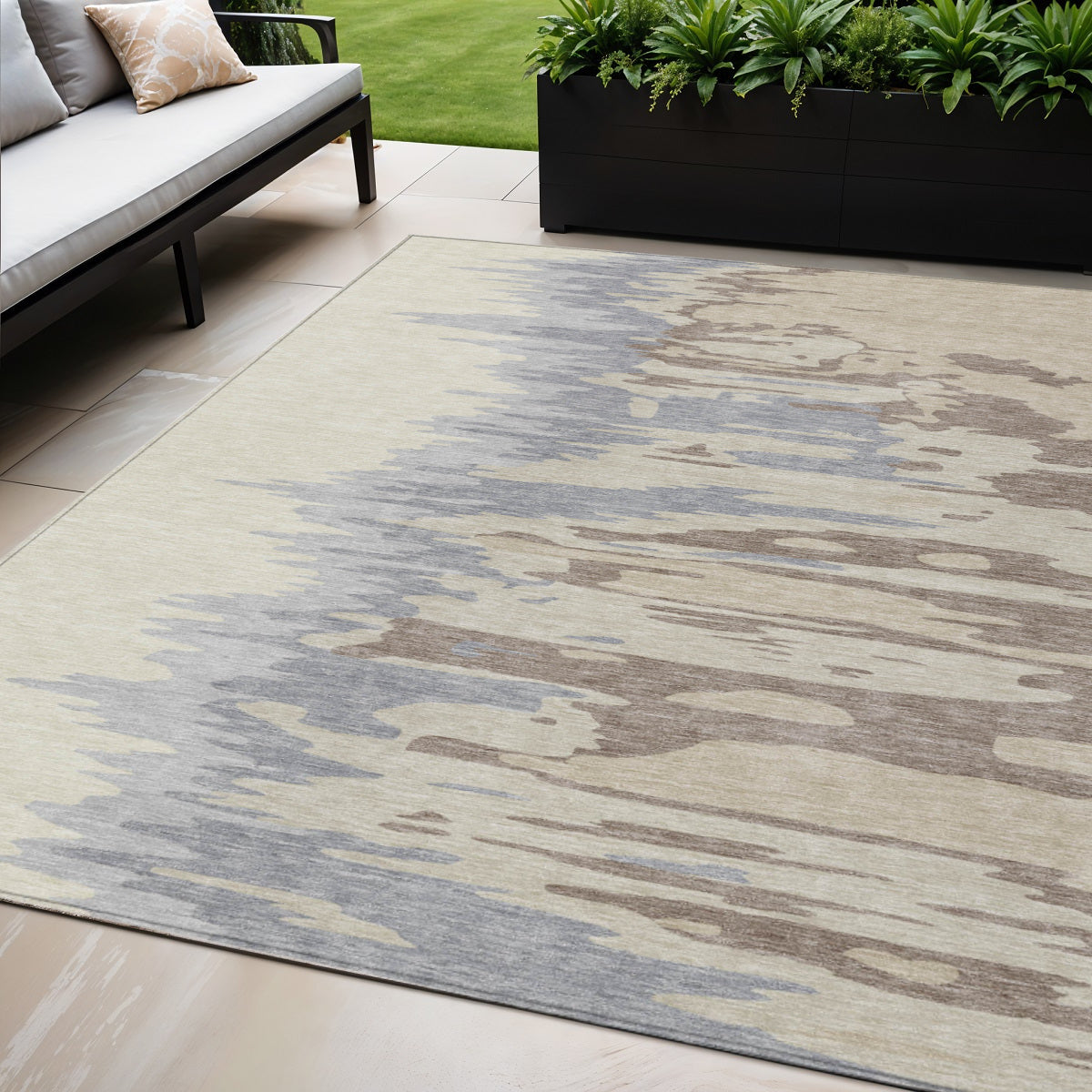 5 X 8 Beige Brown And Gray Abstract Washable Indoor Outdoor Area Rug