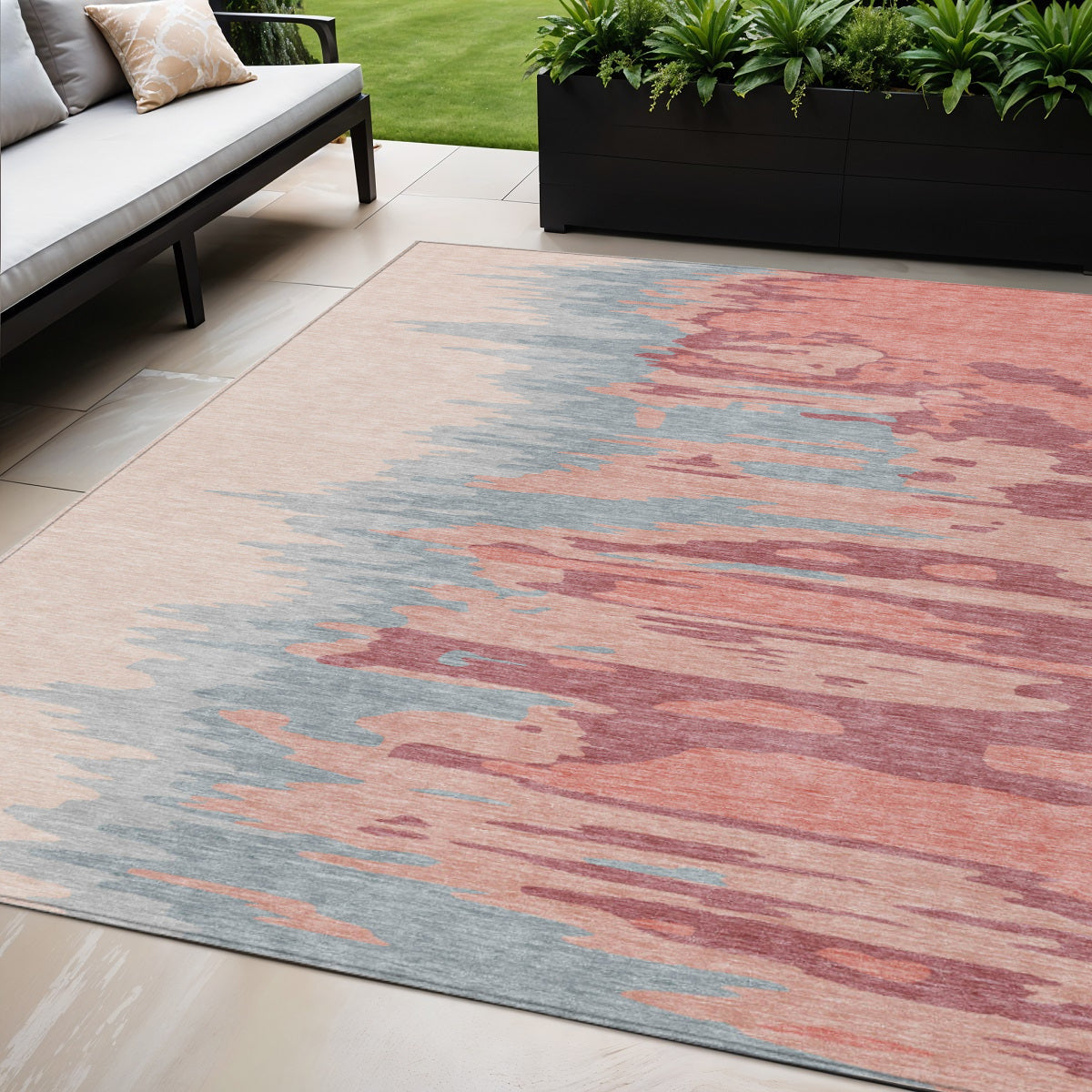 5 X 8 Coral Pink And Gray Abstract Washable Indoor Outdoor Area Rug