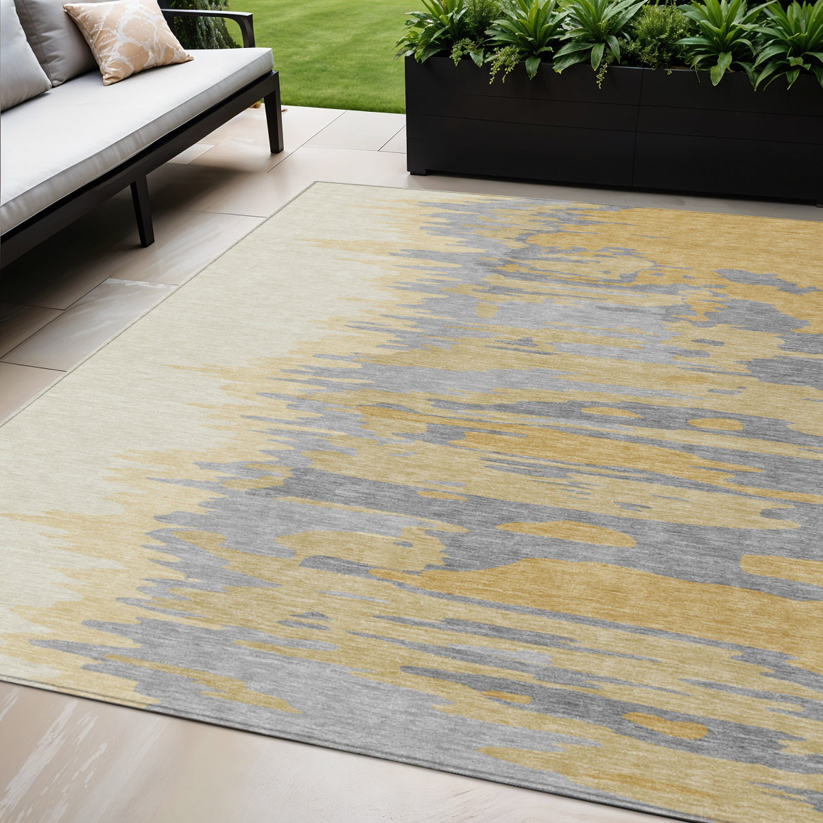 5 X 8 Gold Gray And Beige Abstract Washable Indoor Outdoor Area Rug