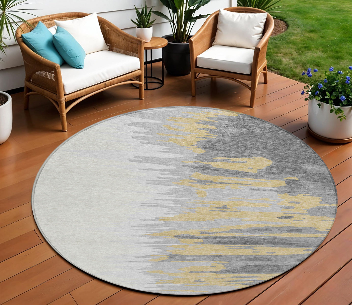 8 Gray Charcoal And Tan Round Abstract Washable Indoor Outdoor Area Rug