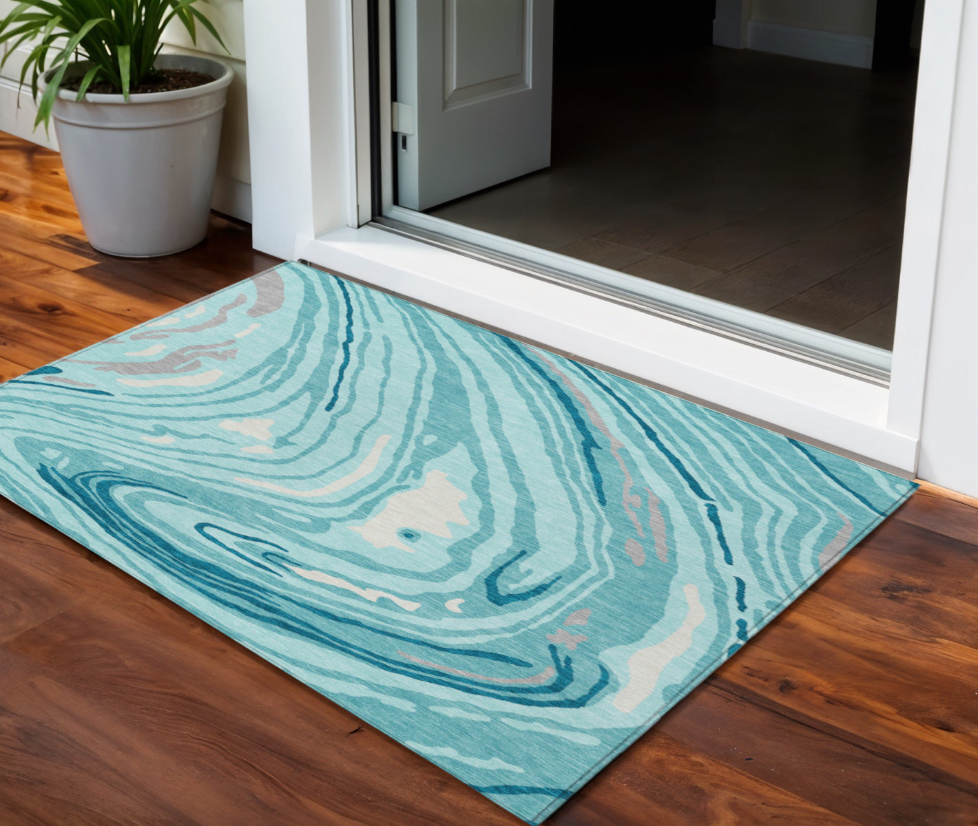 3 X 5 Turquoise Teal Blue And Gray Abstract Washable Indoor Outdoor Area Rug