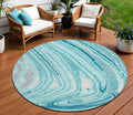 8 Turquoise Teal Blue And Gray Round Abstract Washable Indoor Outdoor Area Rug