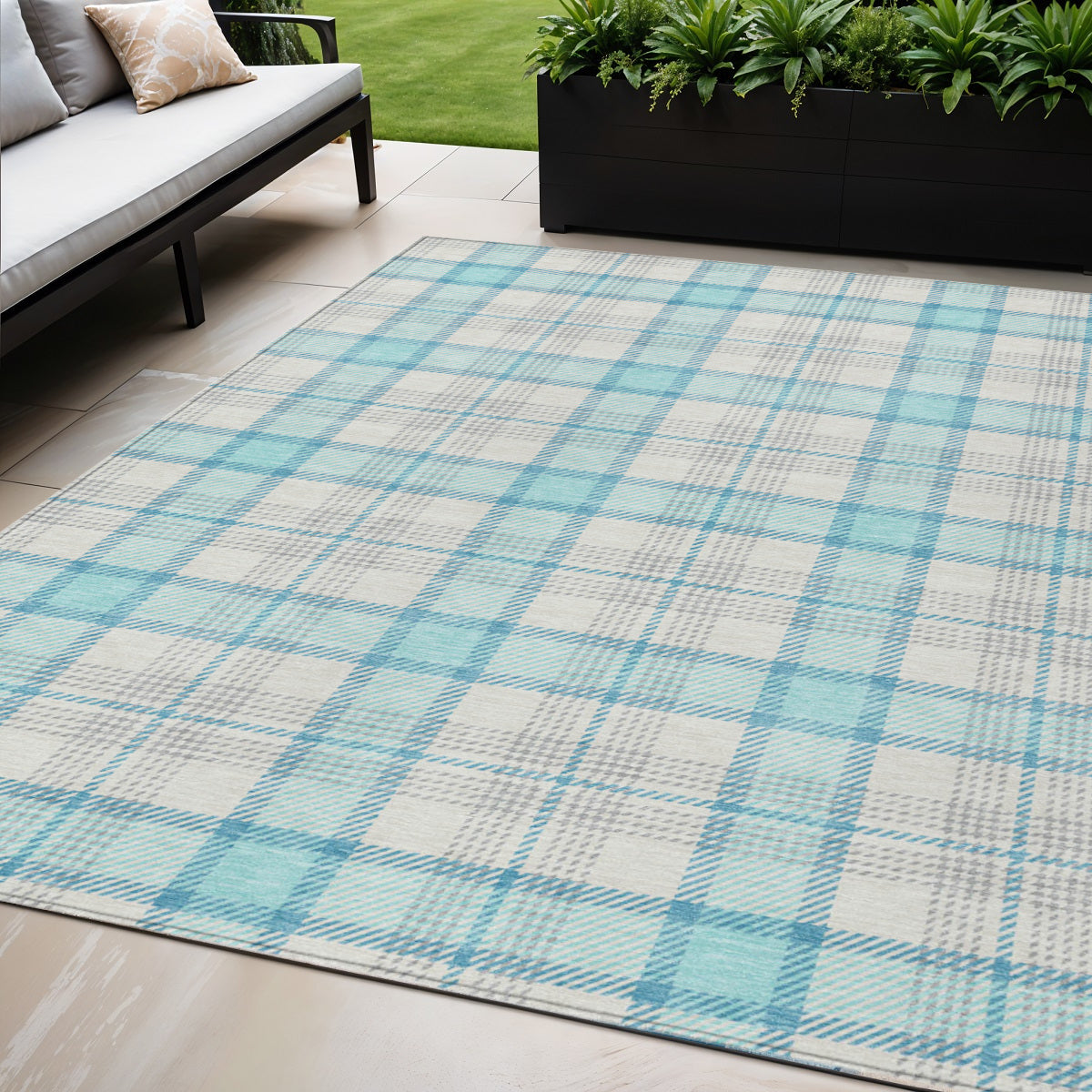 5 X 8 Aqua And Gray Plaid Washable Indoor Outdoor Area Rug
