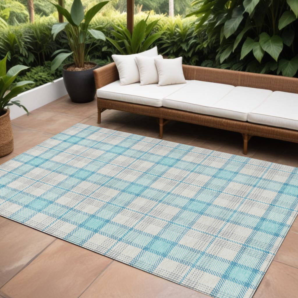 9 X 12 Aqua And Gray Plaid Washable Indoor Outdoor Area Rug
