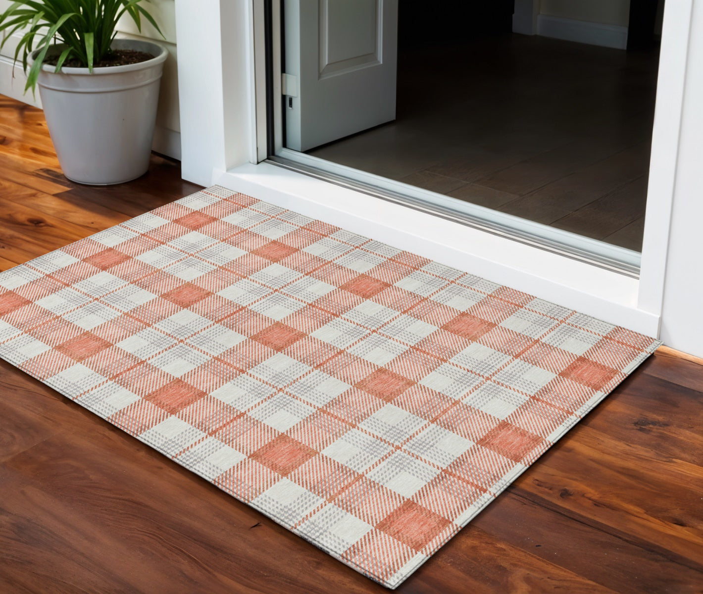 3 X 5 Coral And Beige Plaid Washable Indoor Outdoor Area Rug