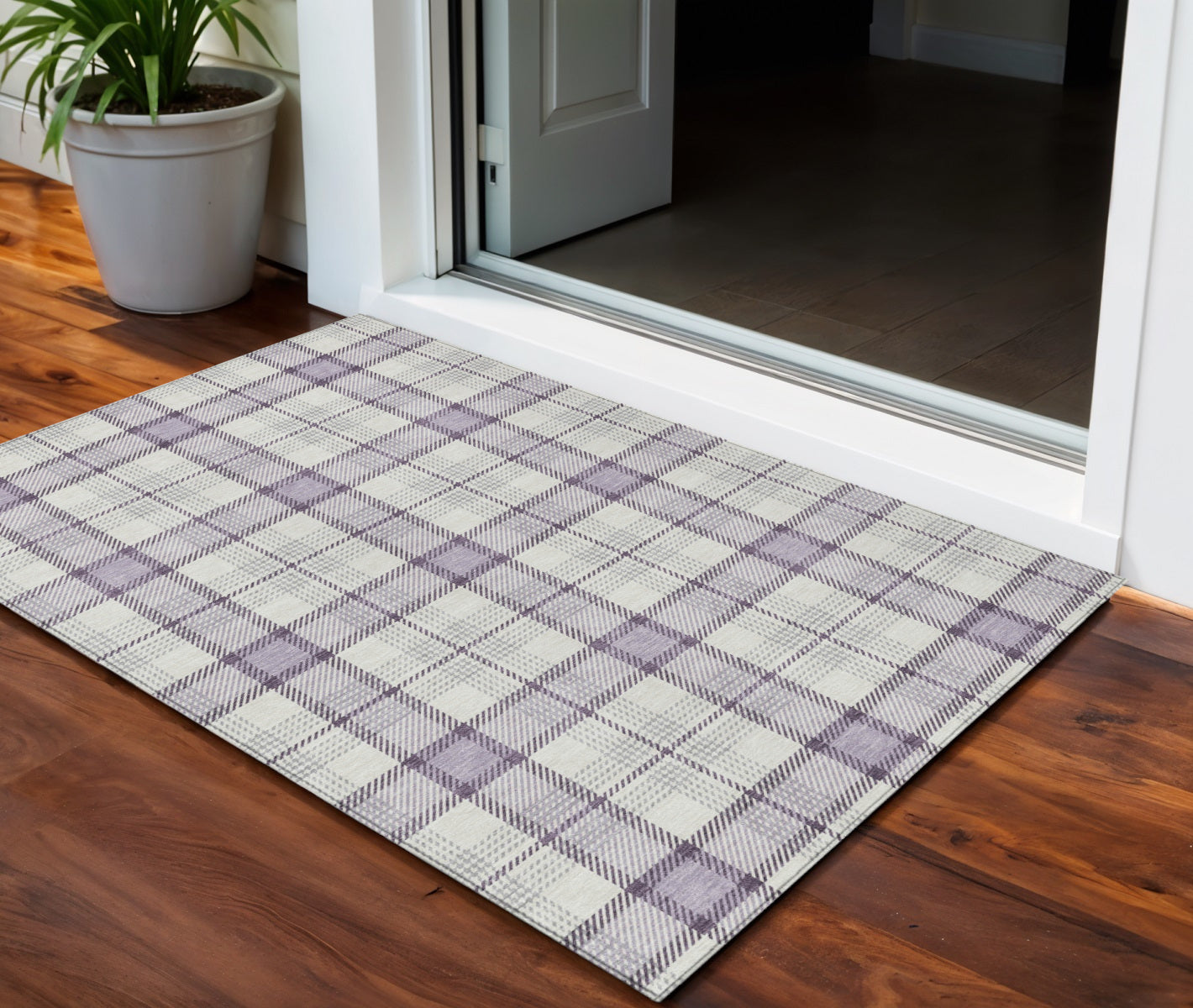 3 X 5 Lavender Purple And Gray Plaid Washable Indoor Outdoor Area Rug