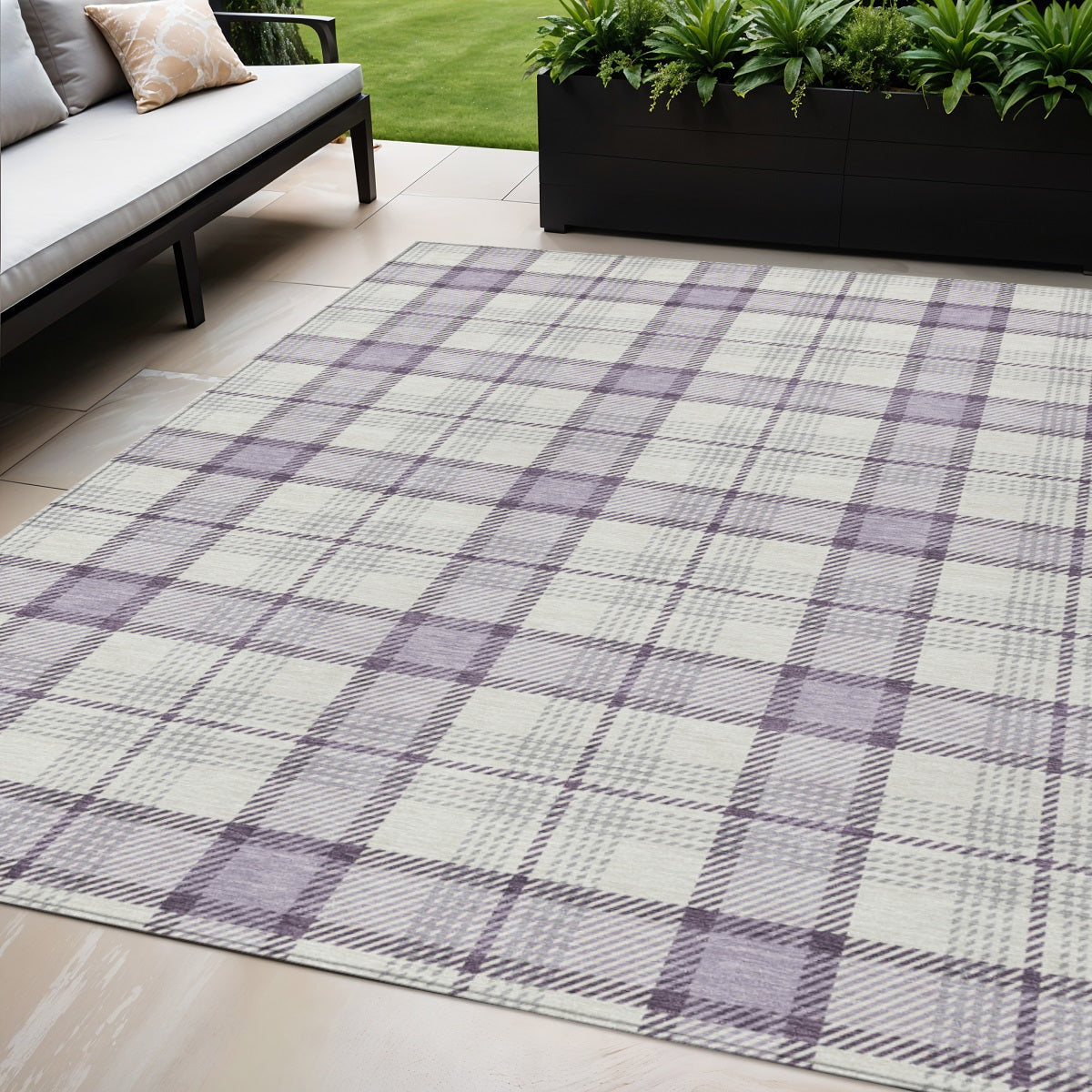 5 X 8 Lavender Purple And Gray Plaid Washable Indoor Outdoor Area Rug
