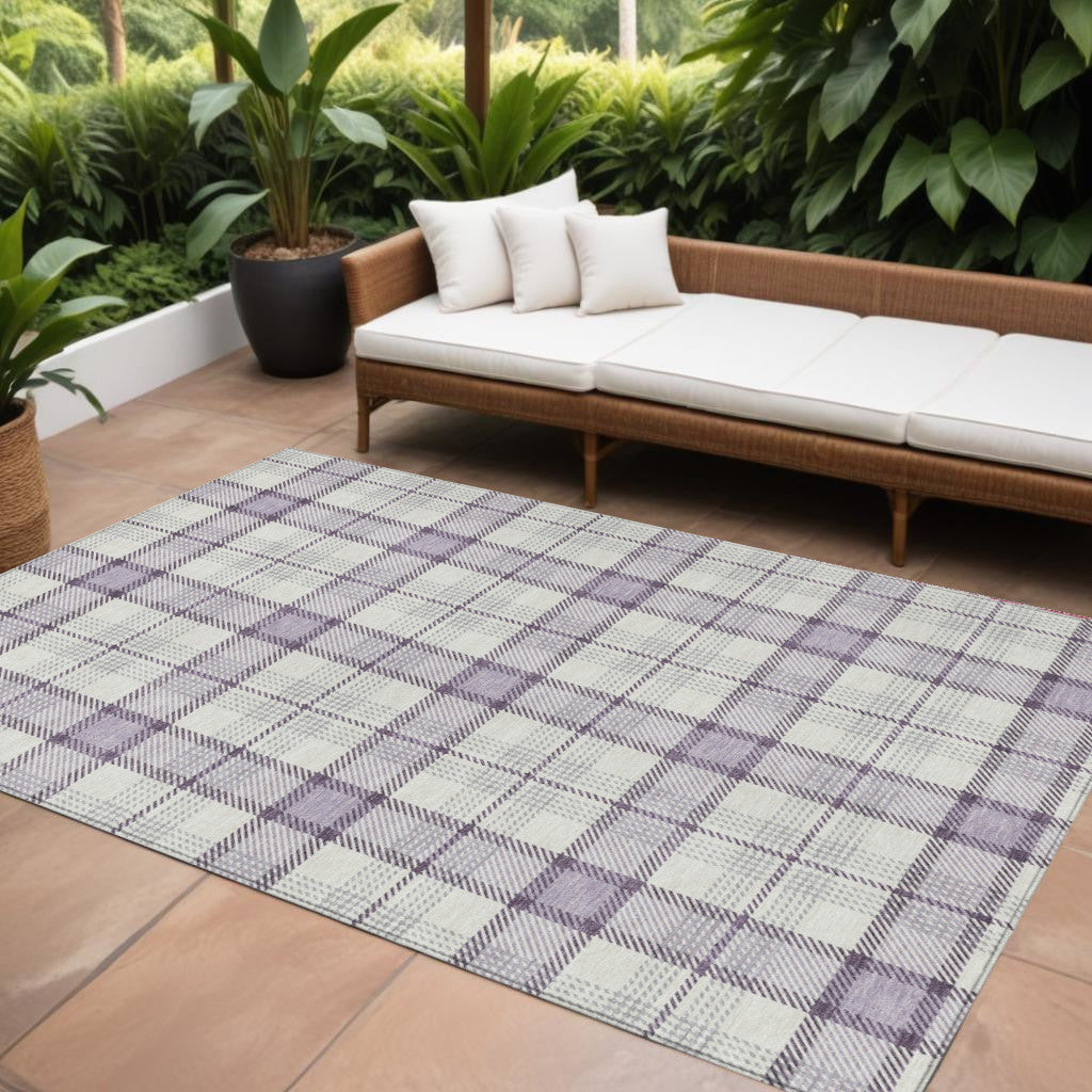 8 X 10 Lavender Purple And Gray Plaid Washable Indoor Outdoor Area Rug