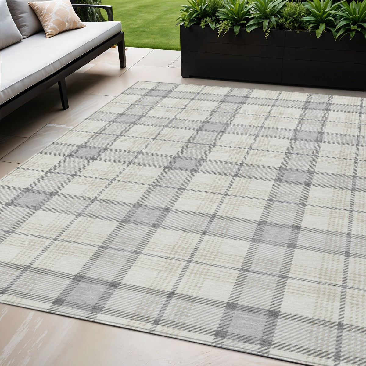5 X 8 Silver And Gray Plaid Washable Indoor Outdoor Area Rug