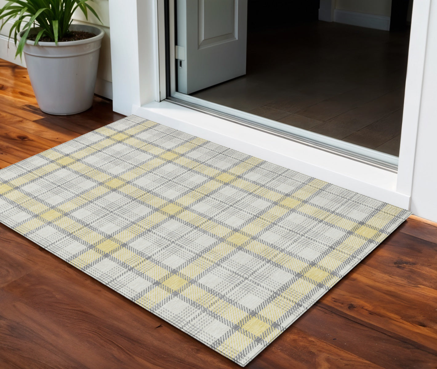 3 X 5 Yellow And Gray Plaid Washable Indoor Outdoor Area Rug