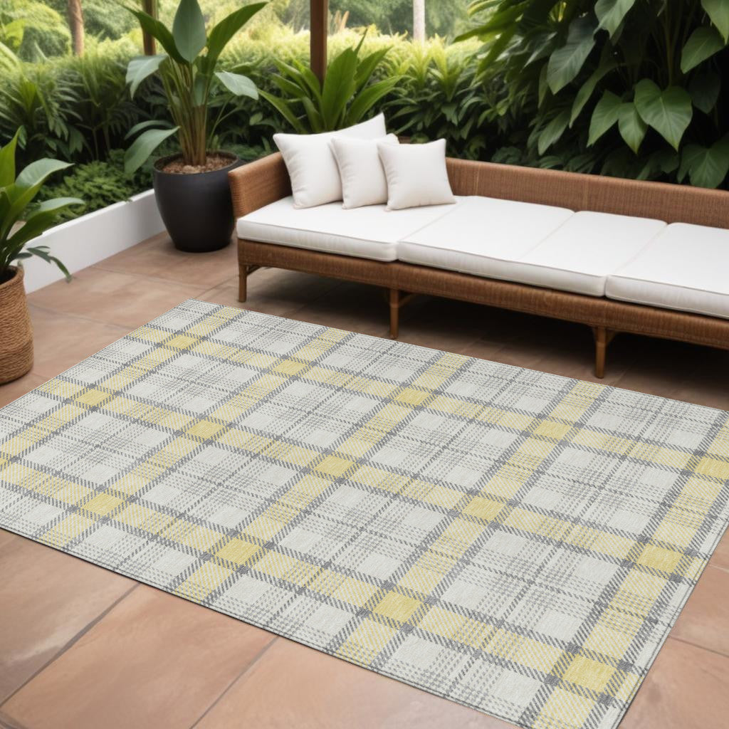 10 X 14 Yellow And Gray Plaid Washable Indoor Outdoor Area Rug