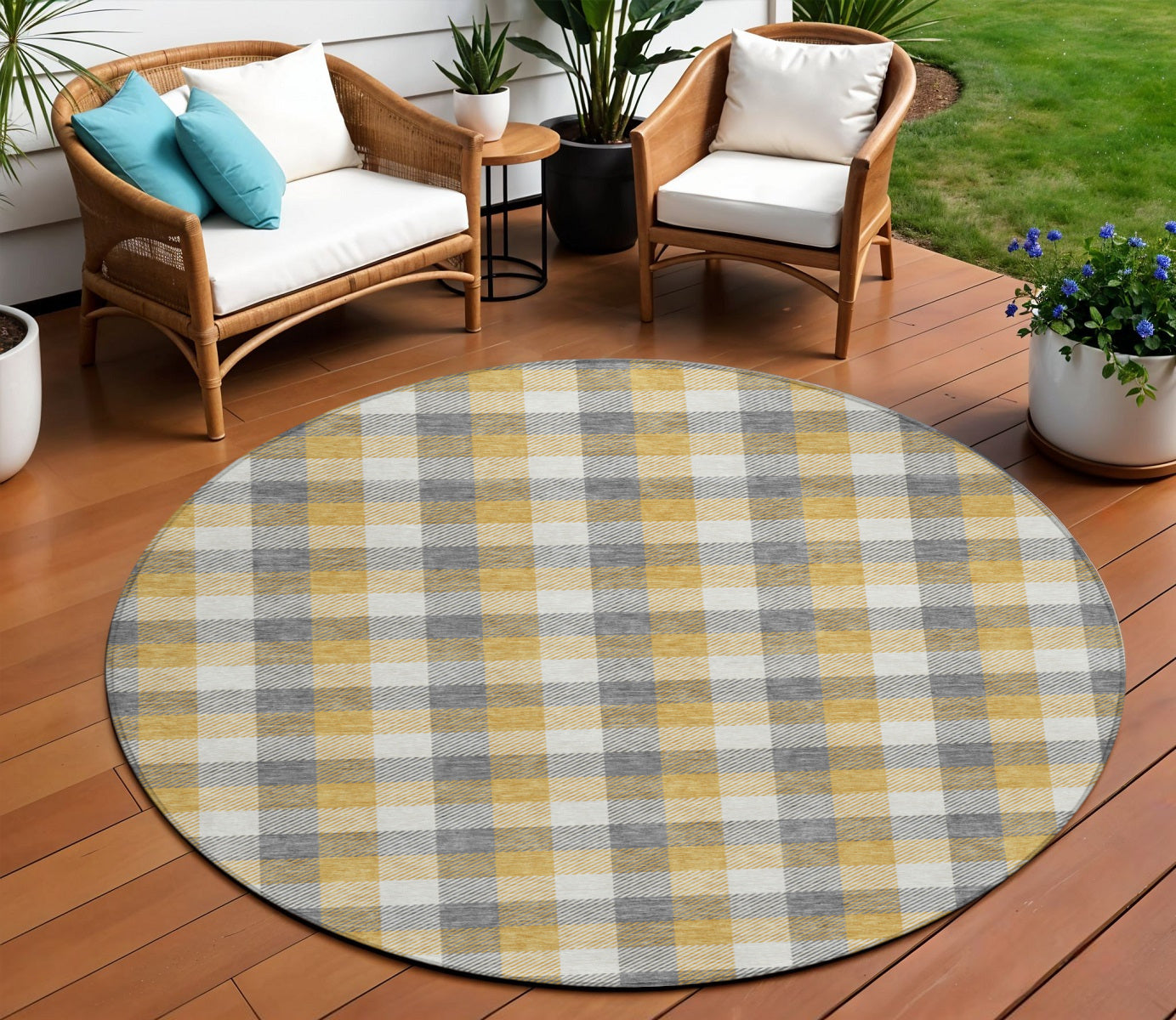 8 Gray Tan And Beige Round Plaid Washable Indoor Outdoor Area Rug