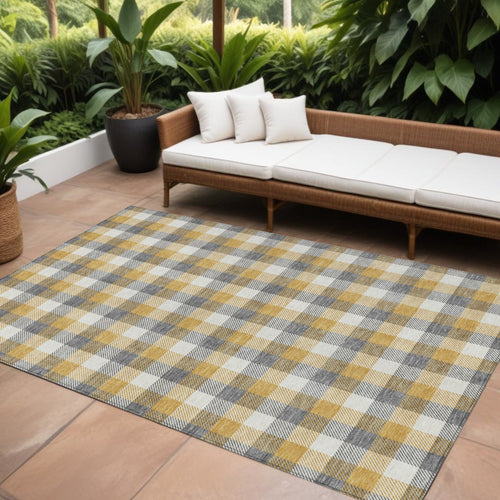 10 X 14 Gray Tan And Beige Plaid Washable Indoor Outdoor Area Rug