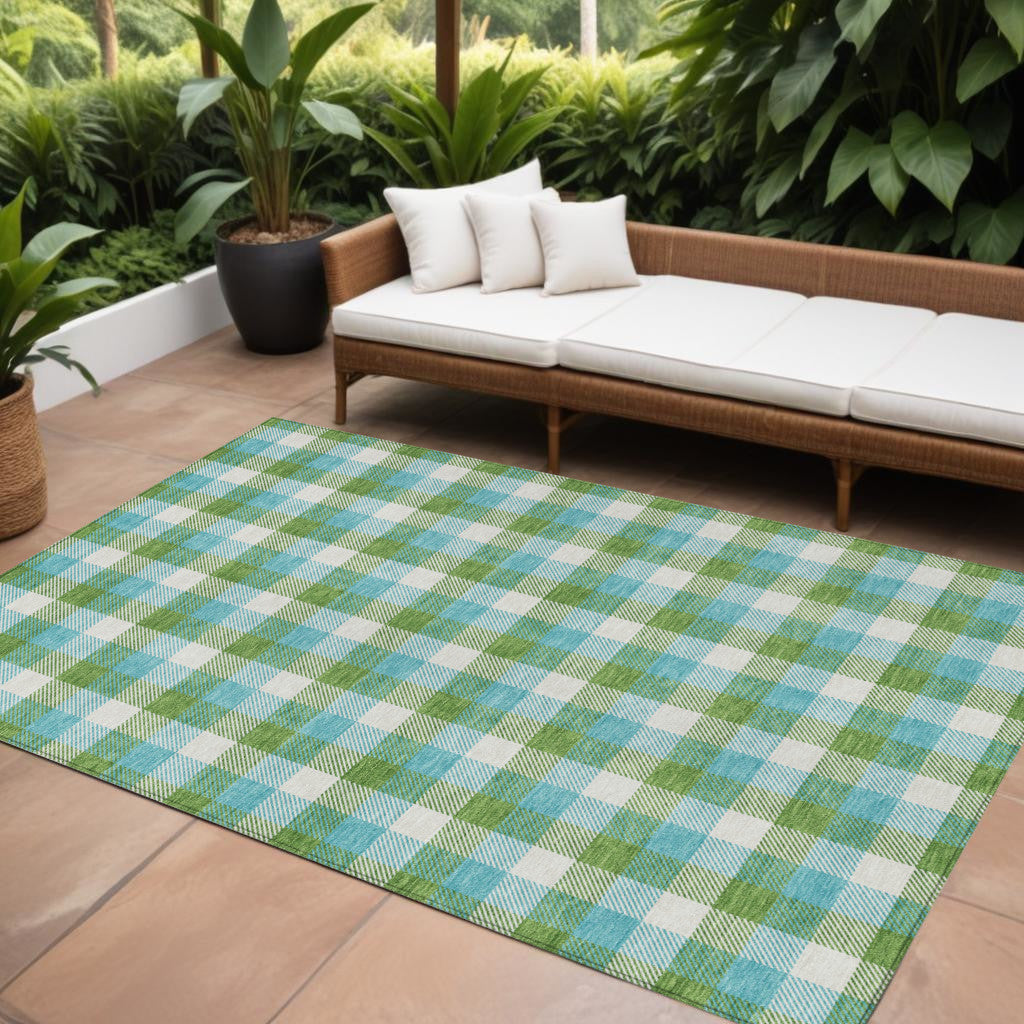 9 X 12 Lime Green Aqua And Beige Plaid Washable Indoor Outdoor Area Rug