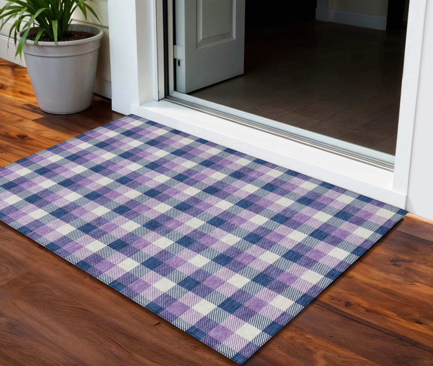 3 X 5 Navy Blue Purple And Beige Plaid Washable Indoor Outdoor Area Rug
