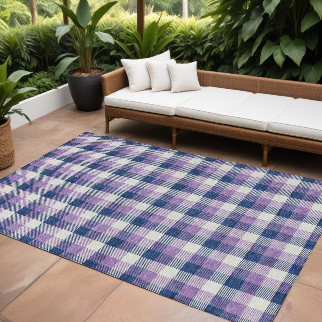 8 X 10 Navy Blue Purple And Beige Plaid Washable Indoor Outdoor Area Rug
