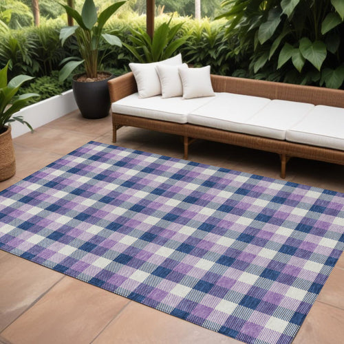 10 X 14 Navy Blue Purple And Beige Plaid Washable Indoor Outdoor Area Rug