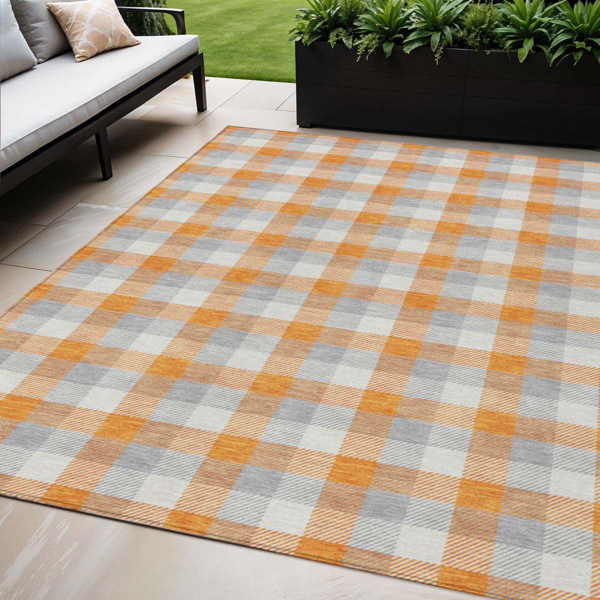 5 X 8 Orange Gray And Beige Plaid Washable Indoor Outdoor Area Rug