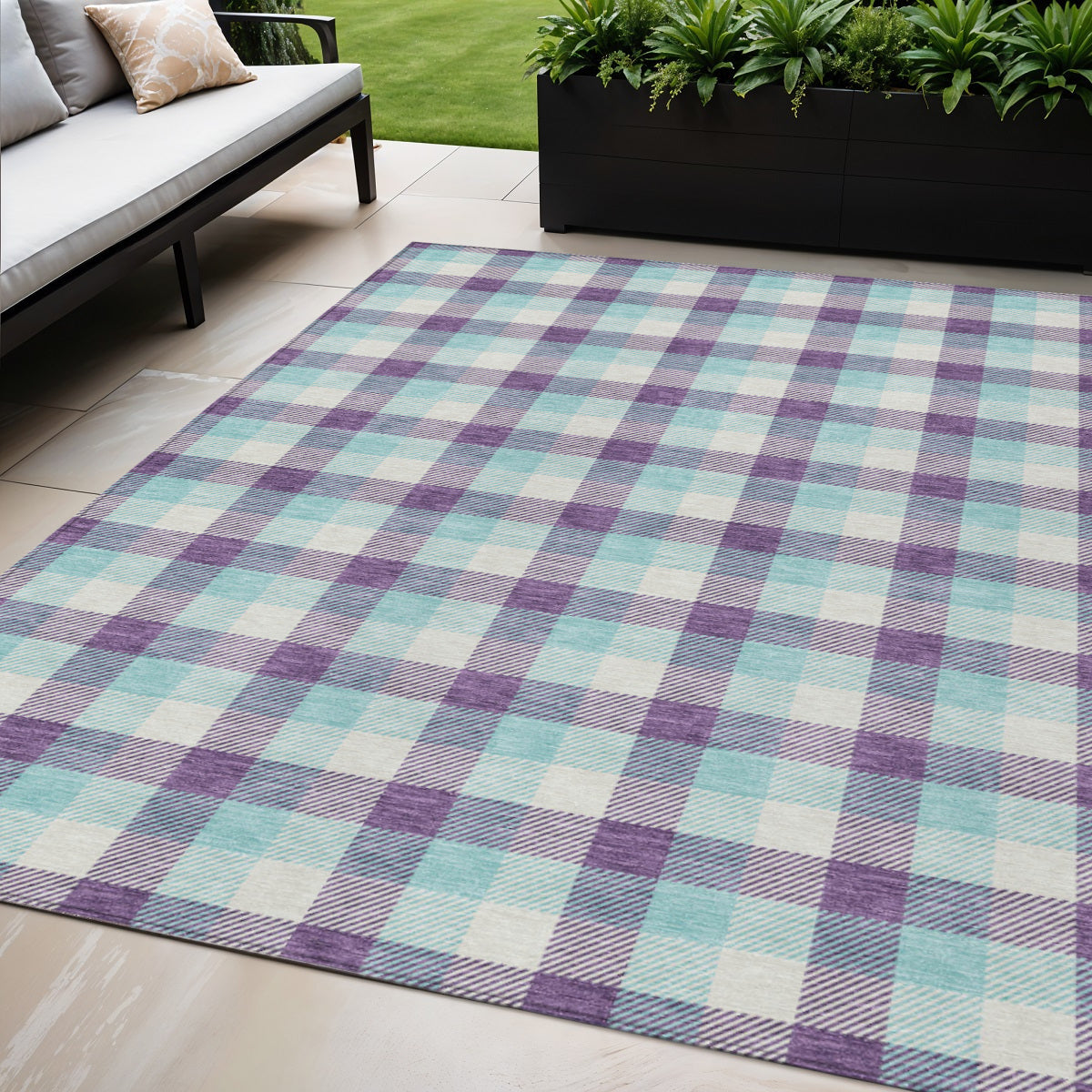 5 X 8 Purple Aqua And Beige Plaid Washable Indoor Outdoor Area Rug