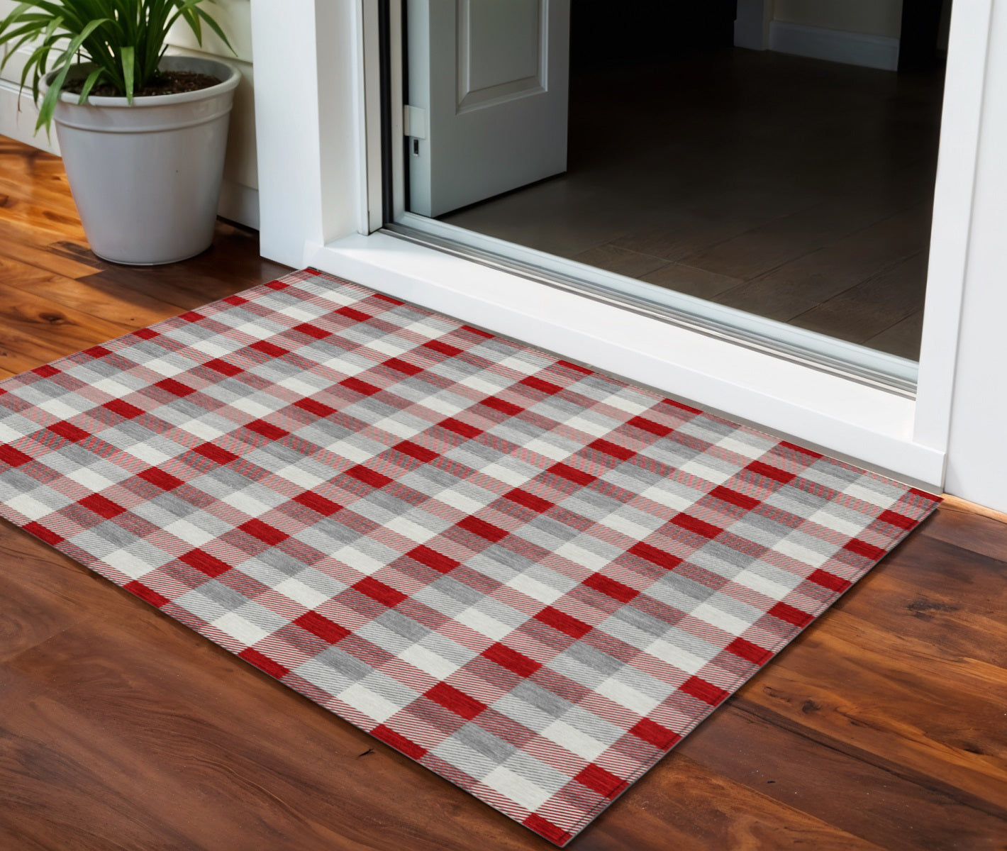 3 X 5 Red Gray And Beige Plaid Washable Indoor Outdoor Area Rug