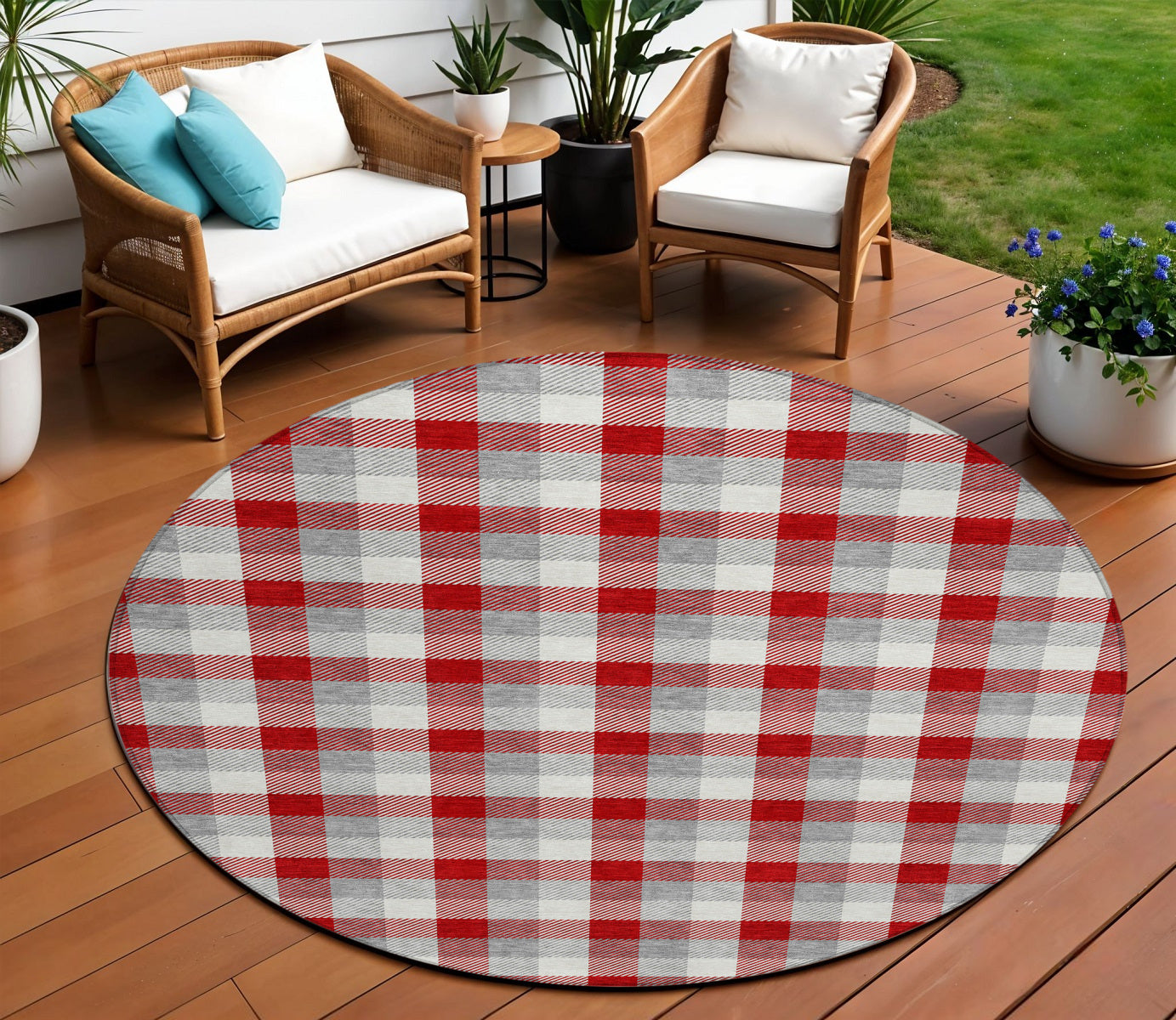 8 Red Gray And Beige Round Plaid Washable Indoor Outdoor Area Rug